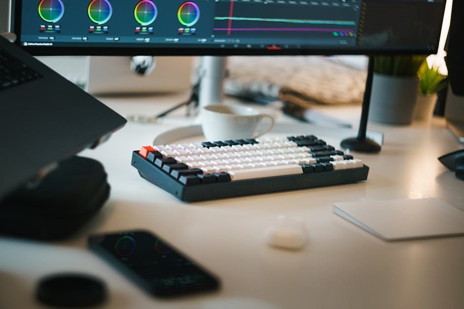 A professional digital workspace featuring studio equipment for video editing.