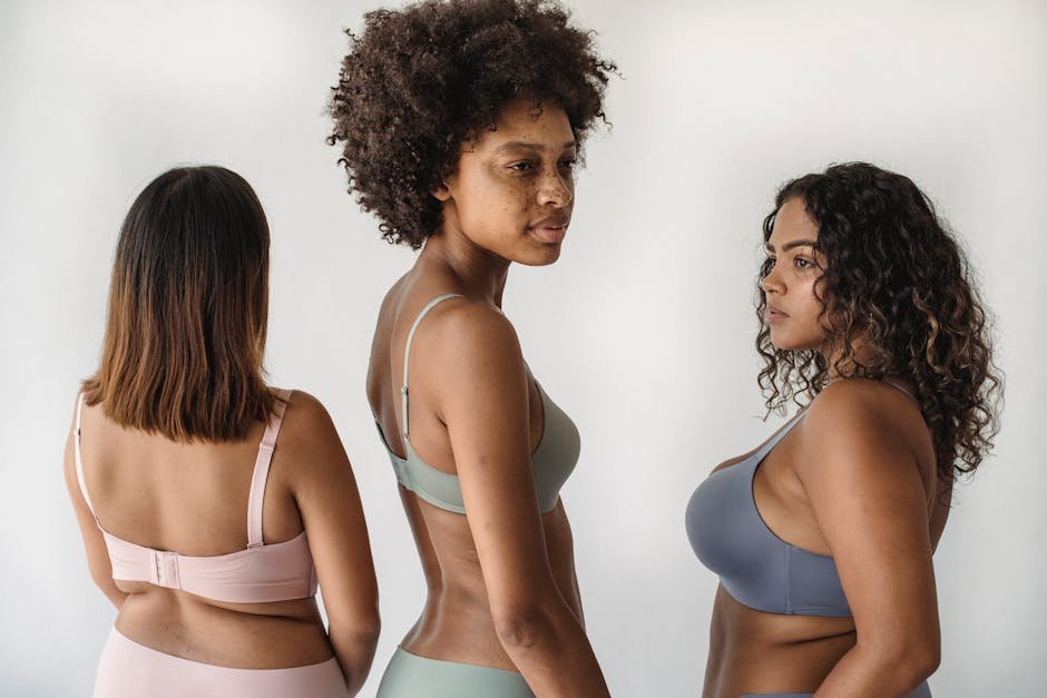 Three diverse women in lingerie showcase beauty and diversity with confidence and elegance.